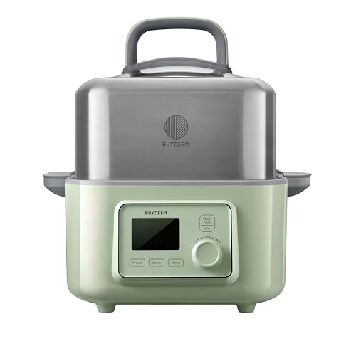 BUYDEEM Multi function Digital Food Steamer for Cooking - Stainless Steel 5L Capacity with Stew Pots and Ceramic Steaming Plate, 1500W, 6 Automatic Programs - Cozy Greenish