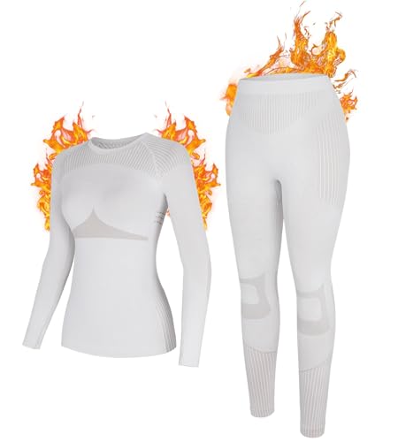 Attraco Thermounterwäsche Damen Funktionswäsche Skiunterwäsche Set Thermo Unterwäsche Suit Funktionsunterwäsche Atmungsaktiv Thermounterhemd Lang Thermounterhose Frau für Running Skifahren Hellgrau S