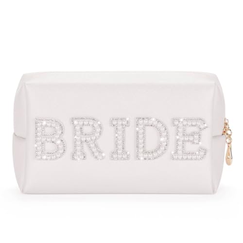 Braut Kosmetiktasche, Etercycle Bride to Be Geschenke Schminktasche, PU Reise Wasserdicht Make up Tasche Perle Brief Strass Waschtasche für Junggesellenabschied Frauen Hochzeit Brautparty(Silber)
