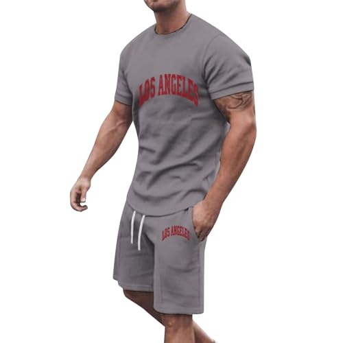 QJDFLL 2 Teiler Herren Sommer Strand Kurzarm Zweiteiler Shorts und Tshirt Set Sport Outfit Rundhals Casual Sportkleidung Jogginganzug Bequeme Aufdruck Sommerkleidung für Männer (Dunkelgrau-A,3XL)