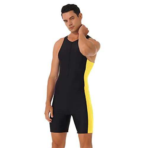 Runhomal Herren Badeanzug Neoprenanzug Ärmellos Taucheranzug Neopren Shorty Schwimmoverall mit Reißverschluss Strand Bademode für Surfen Schnorcheln Schwarz&Gelb XL