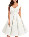 bbonlinedress 1950er Vintage Retro Cocktailkleid Rockabilly V-Ausschnitt Faltenrock White (Creme) L