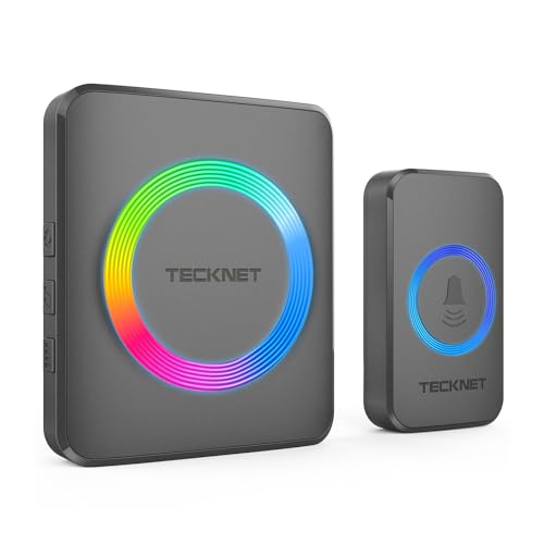 TECKNET Funkklingel, Kabellose Türklingel Funk Set 600m Reichweite, IP65 Aussen Wasserdicht Haustür Klingel mit 1 Plug-In-Empfänger und 1 Sender, Ring doorbell und Klingelknopf Mit LED-Blitz