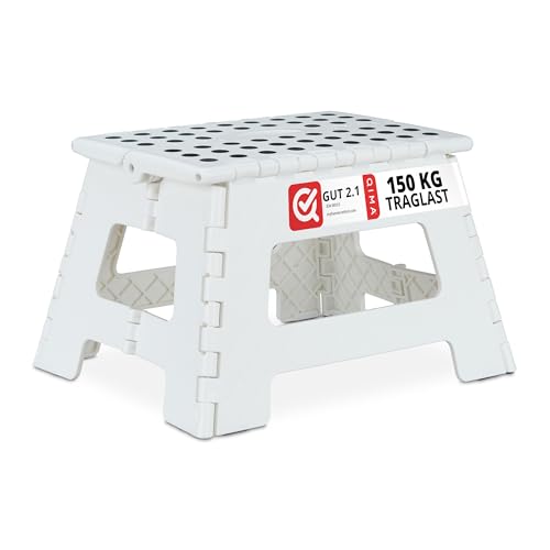 Relaxdays Klapphocker faltbar, Camping Hocker, Kinder Badhocker, bis 150 kg, Kunststoff, HxBxT: 22 x 35 x 28 cm, weiß, 22 cm