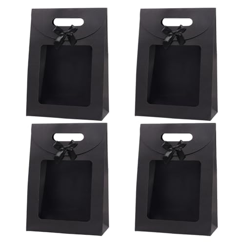 NBEADS 12 Stück Kraftpapiertüten Mit Fenster, 19x9x26.5 cm Stand Up Geschenktüte Mit Schleife Wiederverwendbar Kleine Geschenktüte Für Verpackung Hochzeit Weihnachtsgeschäft Einzelhandel, Schwarz