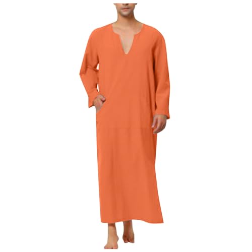 Muslim Kaftan Herren - Kaftan Baumwolle Leinen Lang Einfarbig Jilbab Muslimische Robe mit Tasche Islamische Gebetskleidung für Männer Afghanische Arabische Kleidung Kleider Nachthemd Schlafshirt