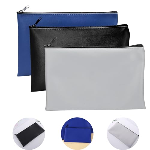3 Stück Banktaschen Geldtasche, 28 x 15.5cm für Geldschein Aufbewahrung mit Reißverschluss, Zipper Beutel, Kosmetiktasche, für Business, Haushalt, Schule.(Blau, Schwarz, Hellgrau)