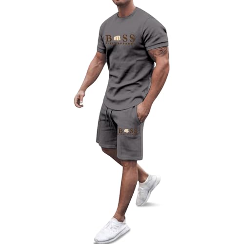Sommer Outfit Herren, Kurze Hose und T-Shirt Jogginganzug, Streatwear Trainingsanzüge für Herren, Baggy Sportanzug Bequeme Atmungsaktive 2-teiliges Set, Activewear, Vacation, XXS-6XL (Grey, 3XL)