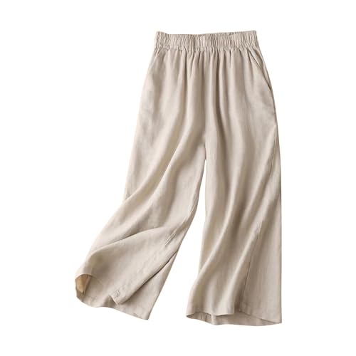 Freizeithose für Damen, modische Damenmode, einfarbig, Baumwolle, Flachs, elastisch, lange Hose, Strand, Freizeithose, Übergröße, Yogahose, beige, XXX-Large