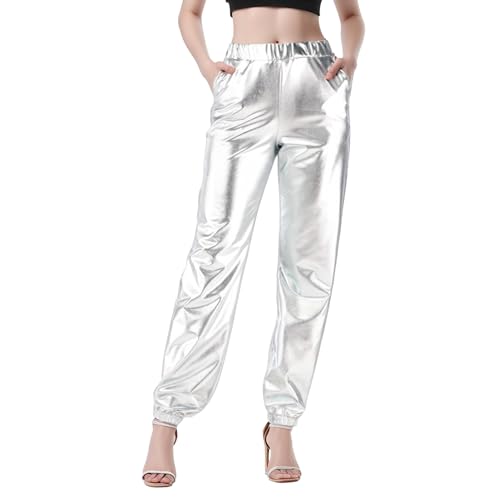 Damen Metallic Glänzed Hose, Glitter Elastische Hosen Disco Tanzhosen für Tanz Bühne Cosplay Karneval Kostüm 80er Jahre Party Disco Clubwear (DE/NL/SE/PL, Alphanumerisch, M, Regular, Regular, Silber)