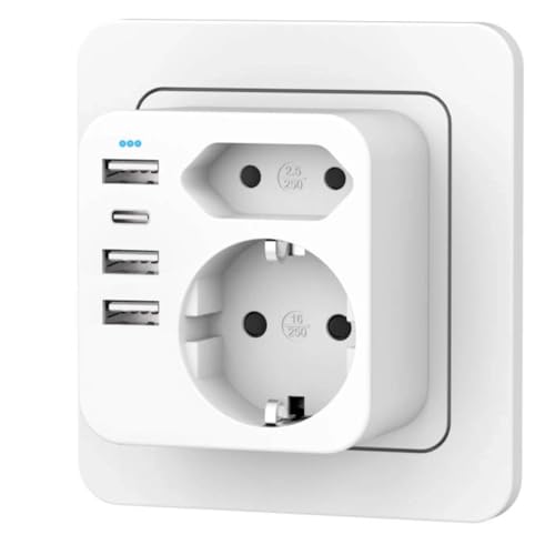 Mehrfachsteckdose mit 4 USB Ports, Mehrfachstecker für Steckdose mit 2 Fach Stecker, Steckdosenadapter mit USB C Port, Doppelstecker für USBC Steckdose, Steckdosenleiste