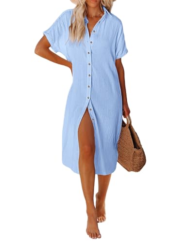 UMIPUBO Strandkleid Damen Lang Badeanzug Bikini Cover Up Strandtunika V-Ausschnitt Kurzarm Sommerkleid Beachwear Strandmode(Blau,M)