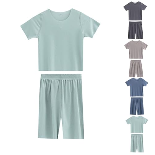 Kinder Jungen Weiche Schlafanzüge Shirts Kurze Hosen Sets 2-teilig Solide Lose Loungewear Nachtwäsche Kurzarm Sommer Outfits Rundhals Bequeme T-Shirts Hosen Leichte Kleidung (Blau, 12-13 Jahre)