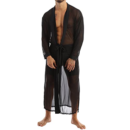 Herren Bademantel Morgenmantel Transparent Mesh Jacke Mantel lang mit Gürtel Sexy Dessous Erotisch Nachtwäsche Atmungsaktiv Reizunterwäsche Party Clubwear Schwarz L