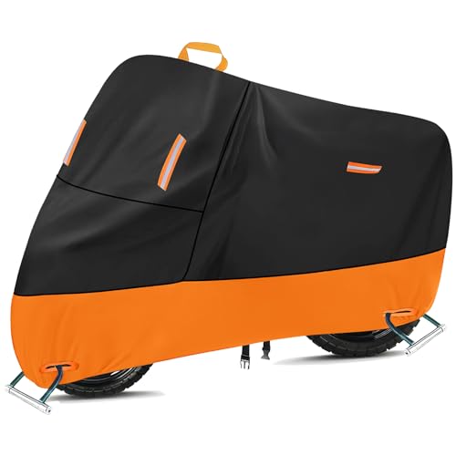 Motorrad Abdeckplane Wasserdicht, 300D Oxford Motorroller Abdeckung Outdoor Roller Plane Moped Garage mit 5 Reflektionsstreifen und 2 Schlossloch, 2 Fixierschnallen und 1 Tasche (1XL:215x95x125cm)