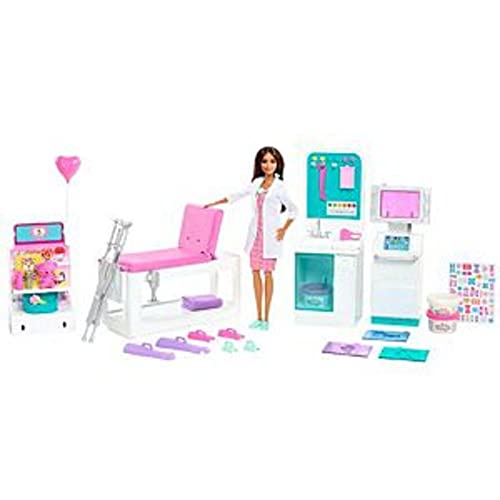Barbie HFT68 - Gute Besserung Krankenstation Spielset mit brünetter Barbie-Arztpuppe, 4 Spielbereiche, mehr als 30 Teile, Spielzeug ab 4 Jahren