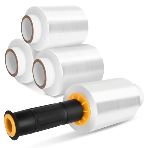 Suimlmta Mini-Schrumpffolie, 4 Rollen, 150 m x 100 mm x 20 μm, Palettenfolie mit Griff, transparente Kunststoff-Stretchfolie, Frischhaltefolie für Industrie, Umzug, Verpackung, Möbelverpackung