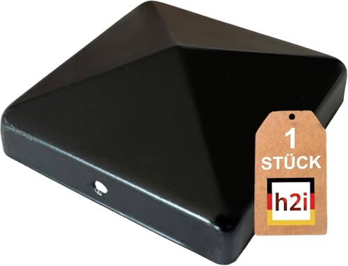 h2i Pfostenkappe | Stahl Schwarz pulverbeschichtet | 91 x 91 mm | 1 Stk. | Abdeckkappe für Garten Holz-Pfosten Pfostenträger & Zaunpfosten in Pyramidenform | Wetterschutz für Holz-Balken