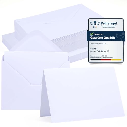 Siumir 50er Set blanko Falt-Karten A6 mit passenden C6 Briefumschlägen, Blanko Falt Karten, Weiß kreative Klappkarten zum Gestalten, Beschriften oder Bedrucken