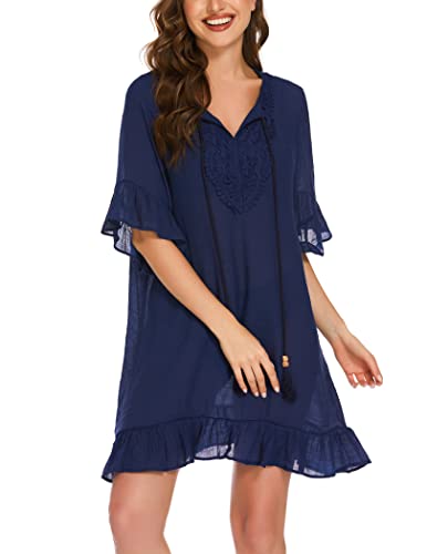 AI'MAGE Damen Bikini Cover Up Strandtunika Damen Strandkleid Kurzarm Sommer Beach Mini Dress Navyblau XXL
