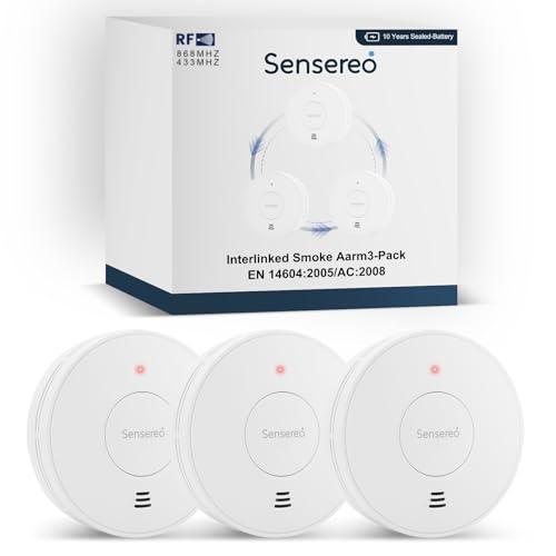 Sensereo Drahtlos vernetzter Rauchmelder, Rauchdetektor, Feuermelder mit 10-Jahres-Batterie & LED-Anzeige, 250 m Übertragungsreichweite, CE EN14604 Zertifiziert (3er-Pack) (RF-verlinkt (3-Pack))