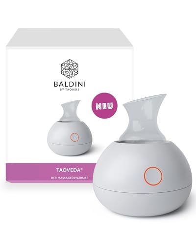 Baldini TaoVeda Massageölwärmer inkl. Glasgefäß - Gleichmäßige Erwärmung ohne Wasser in 3 Minuten - bis 50 ml Massageöl - Tropffreies Massage Zubehör