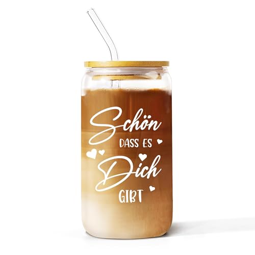 Juratar Geschenke für Frauen Männer- Cocktailgläser mit Deckel und Strohhalm- Schön, dass es Dich gibt, Bleifreie Trinkgläser, Iced Kaffeegläser. Ideal für Bier, Cocktails, Saft und Wasser