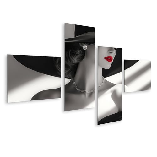 islandburner Bild auf Leinwand Elegante Frau mit Hut und roten Lippen in Schwarzweiß für Schlafzimmer Modeinteressierte Modeboutique Bilder Wandbilder Poster