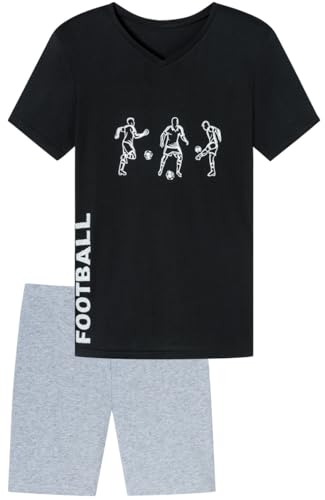 Jungen Schlafanzug kurz, weicher Single-Jersey aus 100% Baumwolle und Hose in Bermuda Form - mit Fussball Motiv Three Players, in schwarz Grösse 152