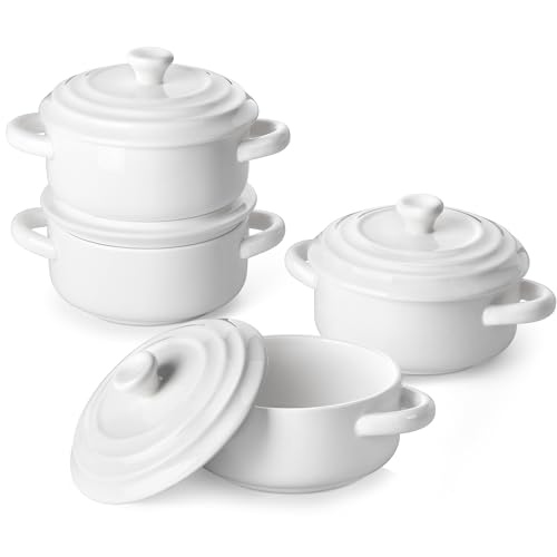 MALACASA Mini Cocotte Set – 4 Stück kleine Auflaufförmchen aus Porzellan mit Deckel und Griffen, Mini-Dutch-Oven-Set für Lasagne, Soufflé, Backofen, Mikrowelle & Spülmaschine