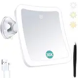 B Beauty Planet Vergrößerungsspiegel mit Licht,30 Fach Vergrößerung, Beleuchteter Make-up-Spiegel mit Touch Control und Saugnapf, Wiederaufladbar, 360° Drehbar, Badezimmer und Reise, Quadratisch
