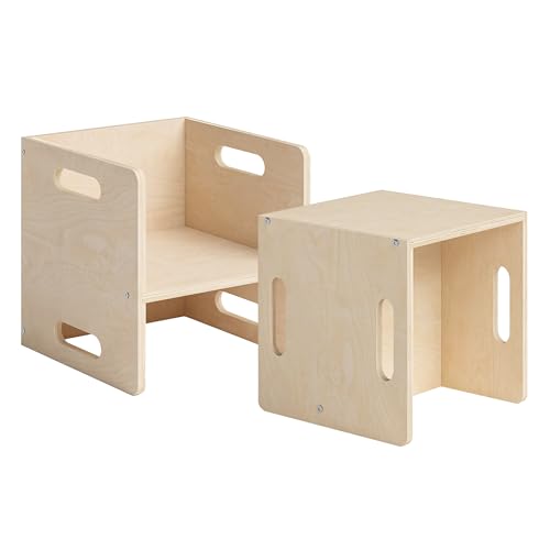 Bellabino AKI Wendehocker 2er Set Birke Natur, Sitzhocker Kinderzimmer 180 Grad drehbar, Montessori Kinderstuhl Holz mit 3 Sitzhöhen, 2in1 Kinderhocker und Beistelltisch