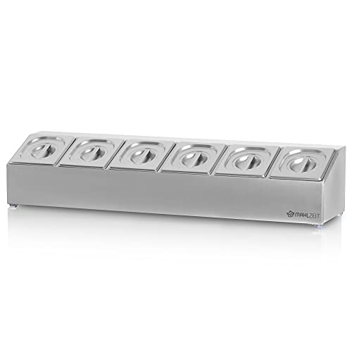 Mahlzeit Edelstahl Zutatenbehälter | 6 x 1/6 GN Catering Behälter mit Gummifüßen | 102,5 x 24,5 x 21,5 cm | Cocktail Zutatenbehälter Bar für Gastro, Küche, Pizza Station, Buffet Zubehör, Salatbar