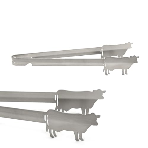 Grill-Zangen.de Motiv Kuh Grillzange, spülmaschinengeeignet, Geschenkidee, Rinderzucht, Milchbauer, Landwirt, Silber, 310mm, 1 Stück, Edelstahl, lebensmittelecht