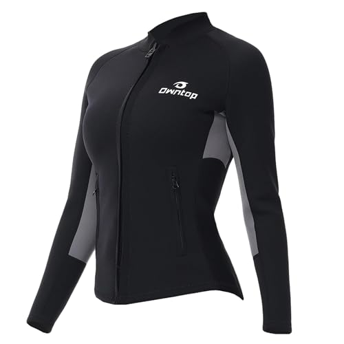Owntop Damen Neoprenanzug-Oberteil-Jacke - 2mm Neopren Langarm für Wärme Komfort | Langlebiger YKK Frontreißverschluss | Verlängerte Rückenklappe | 2 Reißverschlusstaschen, Damen Grau M