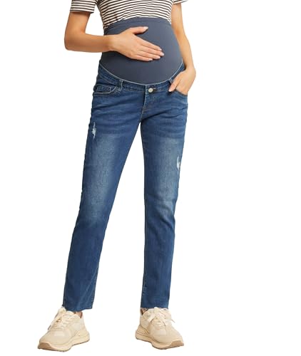 Maacie Umstandshosen Umstandsjeans gerades Bein Schwangerschaft Arbeit oder Büro Hosen Lange Stretch Kleidung beliebte Denim Pants Tägliches Pendeln Blau XL