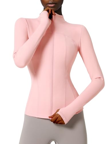 Locachy Damen Slim Fit Full Zip Athletic Running Sport Workout Jacke mit Taschen, Stil 02 Rosa, S