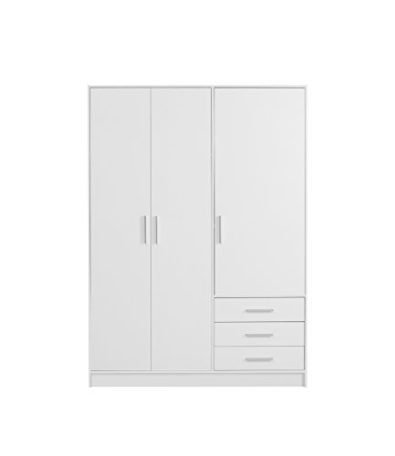 FORTE Jupiter Schrank 140 150, weißer Kleiderschrank, Drehtürenschrank, 3-türig, mit 3 Schubladen und Einlegeböden, Weiß matt, 145 cm breit x 60 cm tief x 200 cm hoch