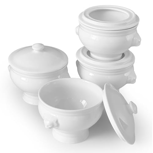 Cinf Weiße Keramik 354 ml Set von 4 Löwenkopf Porzellan Suppenschalen mit Deckel Weihnachtsgeschenke Mikrowelle Safe Suppe und Obst