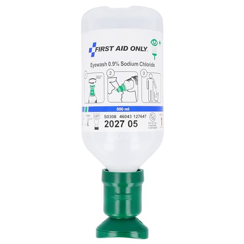 First Aid Only Augenspülflasche 500m / Natriumchloridlösung (0,9%) / Erste-Hilfe Augendusche mit Kochsalzlösung/Effektive Augenreinigung bei Verletzungen oder Verschmutzungen/P-44011 00