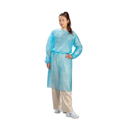 Medi-Inn PP-Besucherkittel | 10 Stück blau | 115 x 137 cm | Schutzkittel mit Gummi-Bündchen zum Binden