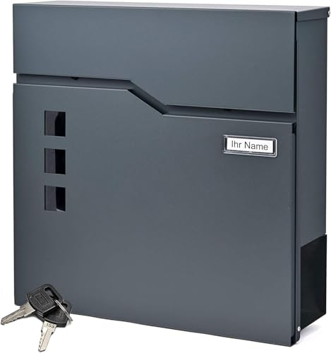 Verda Briefkasten mit Zeitungsfach, AkzoNobel Powder Coatings Lackierung – Designer Wandbriefkasten, wetterfest anthrazit, groß 37x37x11 cm, Pulverbeschichtet, mit Namensschild & 2 Schlüsseln SN3678-1