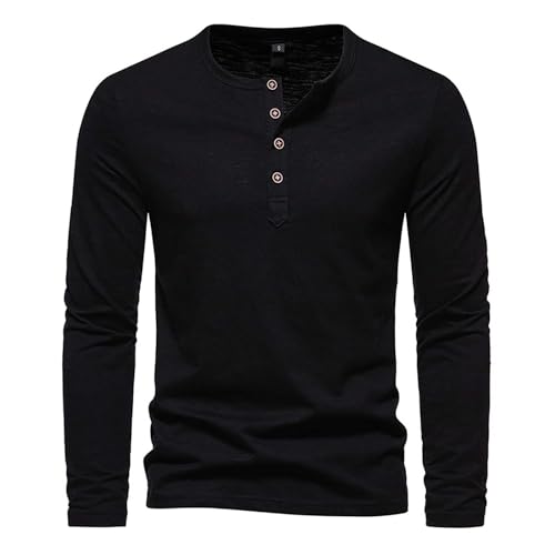 Bundeswehr T-Shirt Herren Tshirt Schwarzes Tshirt Herren Einfarbiges Rundhals Langarmshirt Mit Knopfleiste Leichte Unterziehshirt Herren T Shirt (Schwarz, XL)