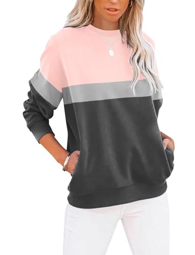 Cuptacc Langarmshirt Damen Pullover Herbst Farbblock Rundhals Sweatshirt Damen Elegant Rundhals Oberteile Damen Party Rosa Grau L 42-44