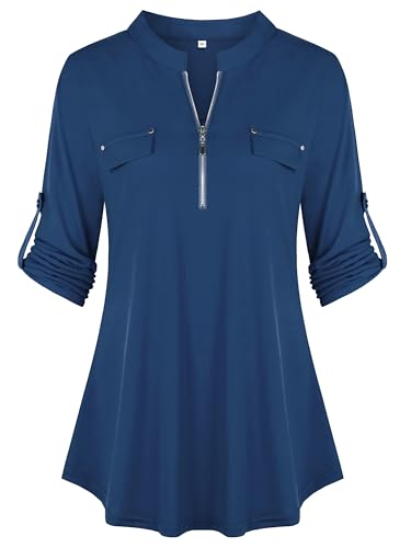 Lalala 3/4 Arm Bluse Damen Elegant V Ausschnitt Oberteile Reissverschluss Lockere Shirt Frühling Tops A_Dunkelblau,L
