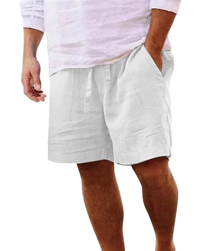LVCBL Herren Shorts Sommer Leinen Leichte Strand Elastische Taille mit Taschen Weiß 3XL