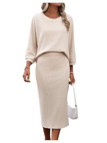 SweatyRocks Damen Elegant Zweiteiler Strick 2 Teiler Set 3/4 Ärmel Tshirt und Rock Set Bodycon Midirock Freizeitanzug Khaki XS