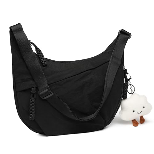 Micmores Crossbody Bag Damen Umhängetasche, Nylon Schultertasche Moon Bag Stylische Halbmond Tasche mit Verstellbarer Schultergurt, Hobo Casual Handtasche für Arbeit, Reisen, Alltag(Schwarz)