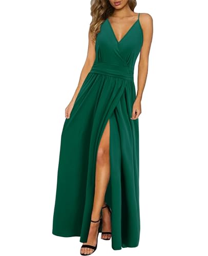Newshows Sommerkleid Damen Lang Maxikleid Sommer V Ausschnitt Kleid Schlitz Freizeitkleid Elegant für Hochzeitsgast (Grün,Mittel)