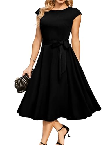 DRESSTELLS Cocktailkleid Damen Schwarz Elegant 1950er Knielang Rockabilly Hochzeitkleid Vintage Swing Festlich Midilang Abendkleid Kurz Sommer Kleid Black S